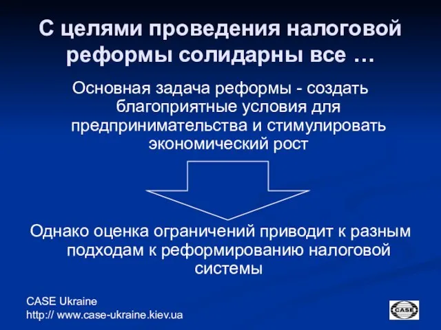 CASE Ukraine http:// www.case-ukraine.kiev.ua С целями проведения налоговой реформы солидарны все …