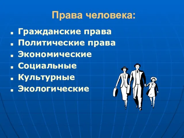 Права человека: Гражданские права Политические права Экономические Социальные Культурные Экологические