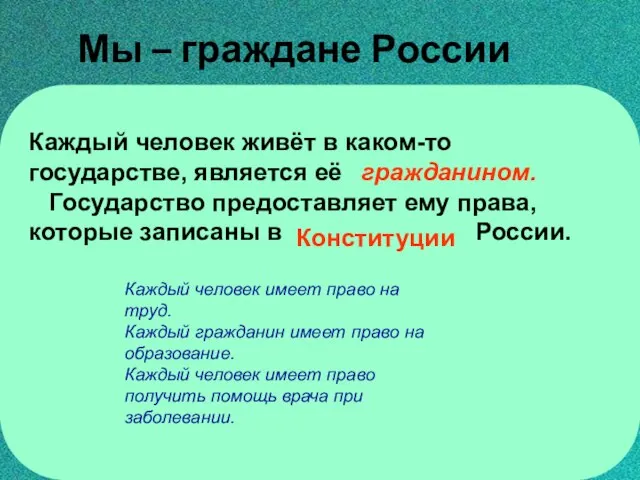 Мы – граждане России Каждый человек живёт в каком-то государстве, является её