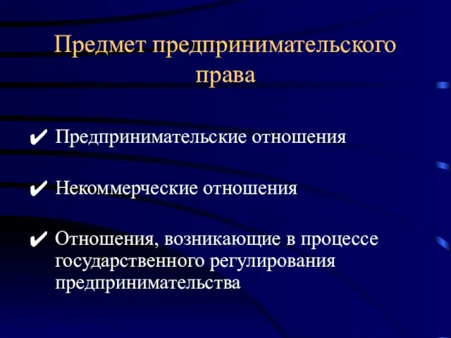 Предмет предпринимательского права Предпринимательские отношения Некоммерческие отношения Отношения, возникающие в процессе государственного регулирования предпринимательства