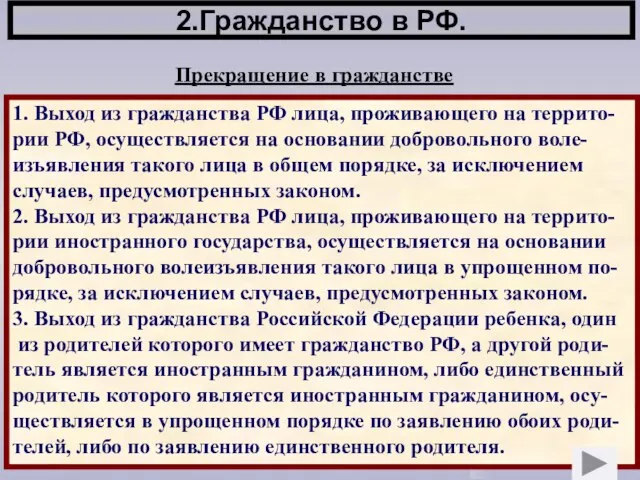 2.Гражданство в РФ. Прекращение в гражданстве 1. Выход из гражданства РФ лица,