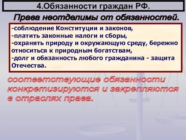 4.Обязанности граждан РФ. Права неотделимы от обязанностей. -соблюдение Конституции и законов, -платить