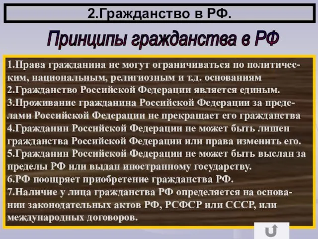 2.Гражданство в РФ. Принципы гражданства в РФ 1.Права гражданина не могут ограничиваться