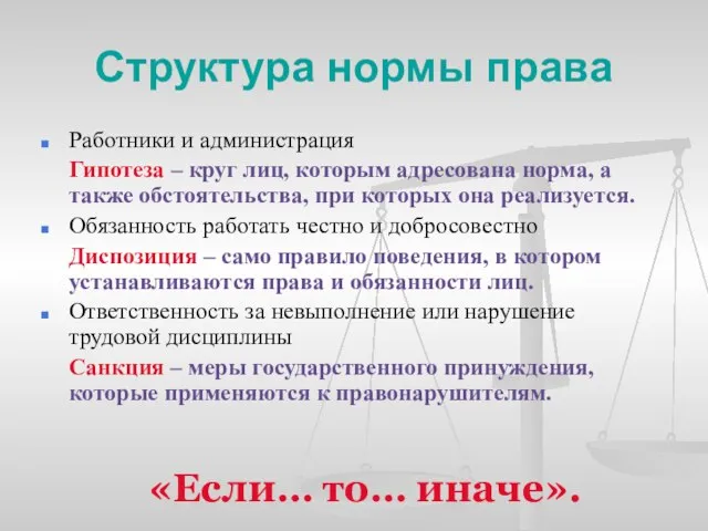 Структура нормы права Работники и администрация Гипотеза – круг лиц, которым адресована