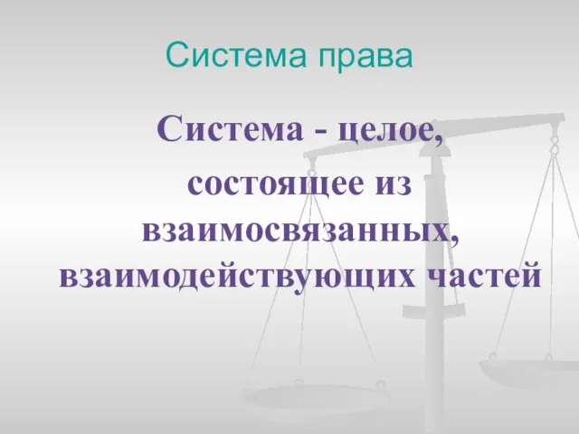 Система права Система - целое, состоящее из взаимосвязанных, взаимодействующих частей