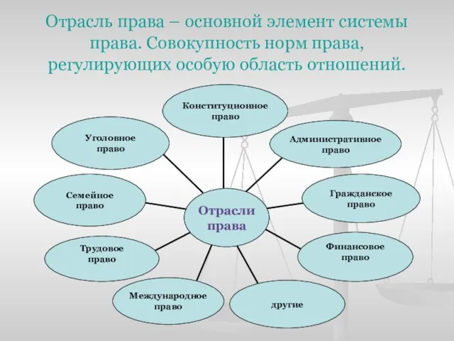 Отрасль права – основной элемент системы права. Совокупность норм права, регулирующих особую область отношений.