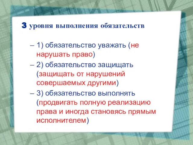 3 уровня выполнения обязательств 1) обязательство уважать (не нарушать право) 2) обязательство