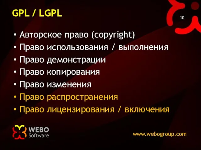 GPL / LGPL Авторское право (copyright) Право использования / выполнения Право демонстрации