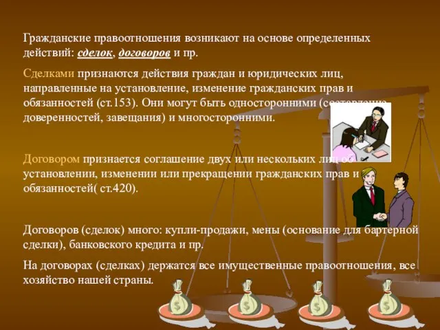 Гражданские правоотношения возникают на основе определенных действий: сделок, договоров и пр. Сделками