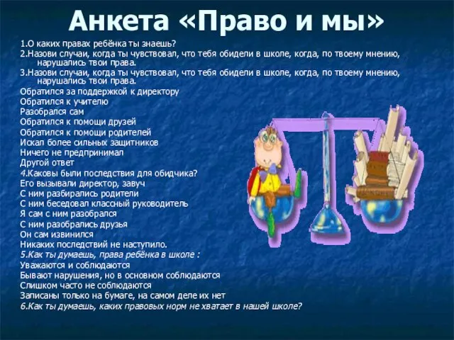 Анкета «Право и мы» 1.О каких правах ребёнка ты знаешь? 2.Назови случаи,