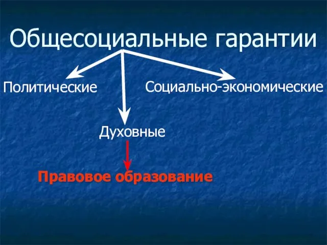 Общесоциальные гарантии Политические Социально-экономические Духовные Правовое образование