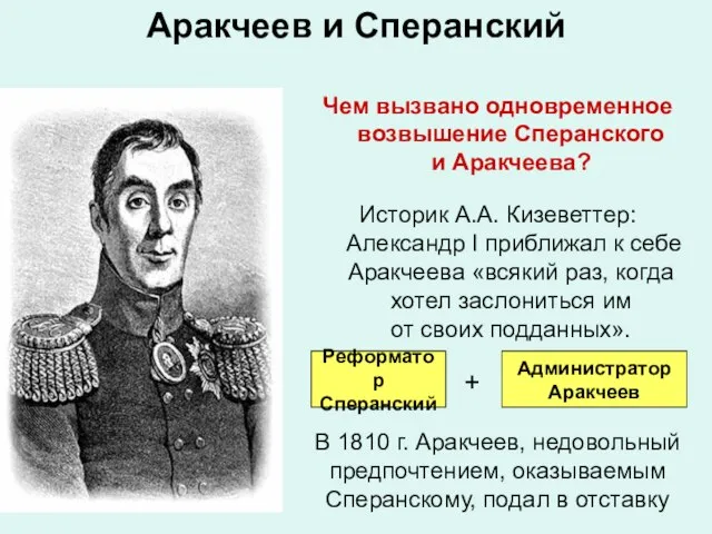 Аракчеев и Сперанский Чем вызвано одновременное возвышение Сперанского и Аракчеева? Историк А.А.