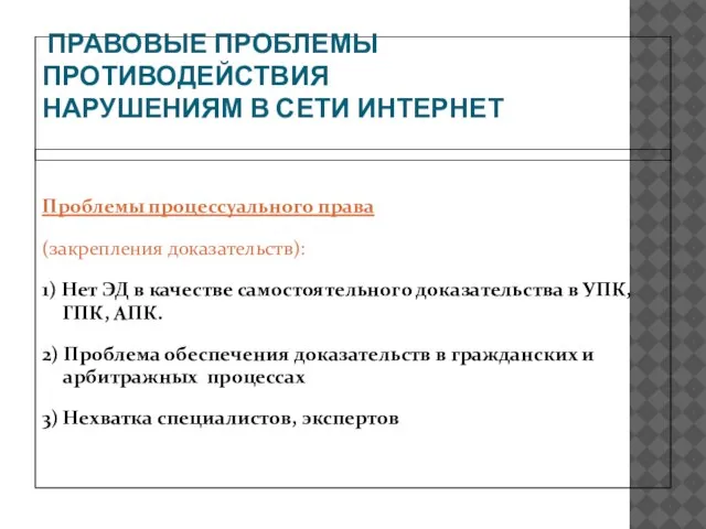 ПРАВОВЫЕ ПРОБЛЕМЫ ПРОТИВОДЕЙСТВИЯ НАРУШЕНИЯМ В СЕТИ ИНТЕРНЕТ Проблемы процессуального права (закрепления доказательств):