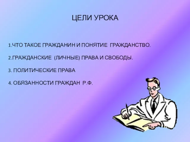 ЦЕЛИ УРОКА 1.ЧТО ТАКОЕ ГРАЖДАНИН И ПОНЯТИЕ ГРАЖДАНСТВО. 2.ГРАЖДАНСКИЕ (ЛИЧНЫЕ) ПРАВА И