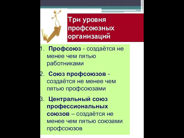 Три уровня профсоюзных организаций Профсоюз - создаётся не менее чем пятью работниками