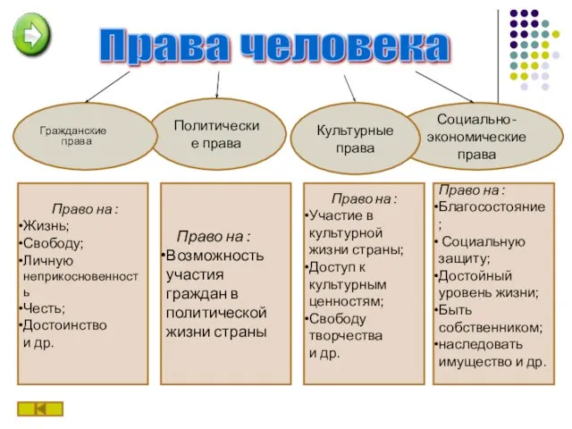 Политические права Гражданские права Социально-экономические права Культурные права Право на : Жизнь;