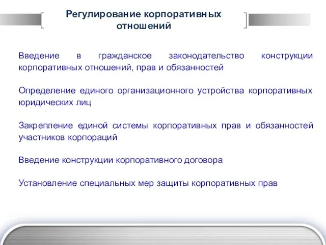 Регулирование корпоративных отношений Введение в гражданское законодательство конструкции корпоративных отношений, прав и