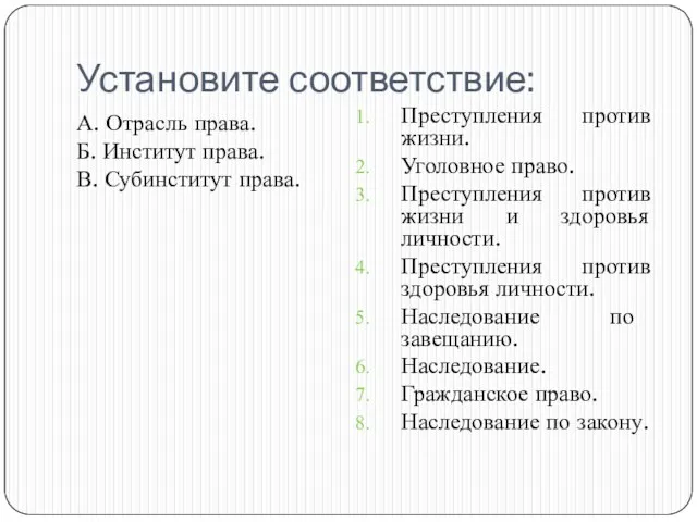 Установите соответствие: А. Отрасль права. Б. Институт права. В. Субинститут права. Преступления