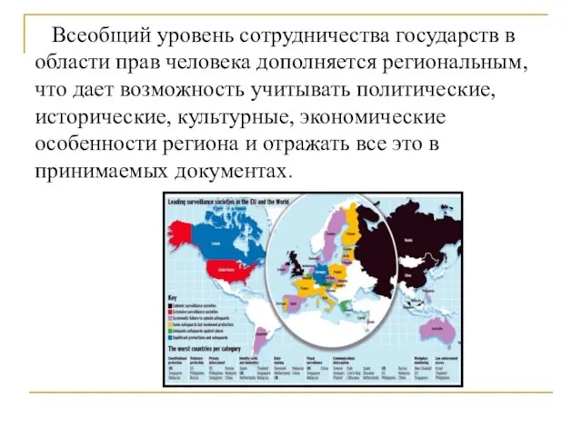 Всеобщий уровень сотрудничества государств в области прав человека дополняется региональным, что дает