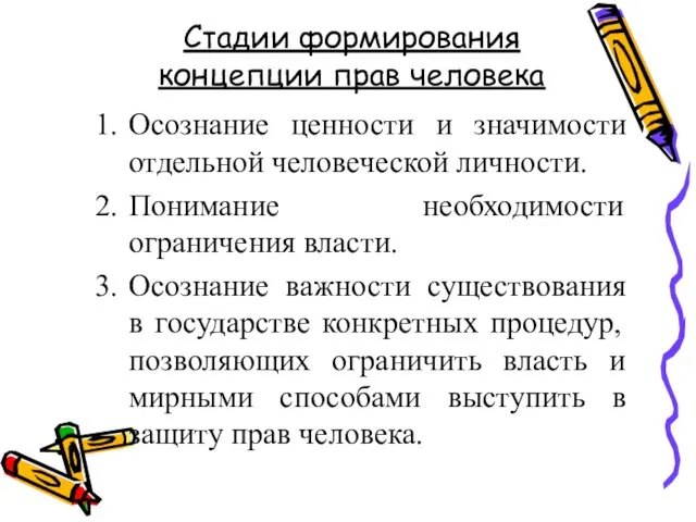 Стадии формирования концепции прав человека Осознание ценности и значимости отдельной человеческой личности.