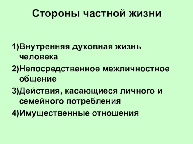 Стороны частной жизни 1)Внутренняя духовная жизнь человека 2)Непосредственное межличностное общение 3)Действия, касающиеся