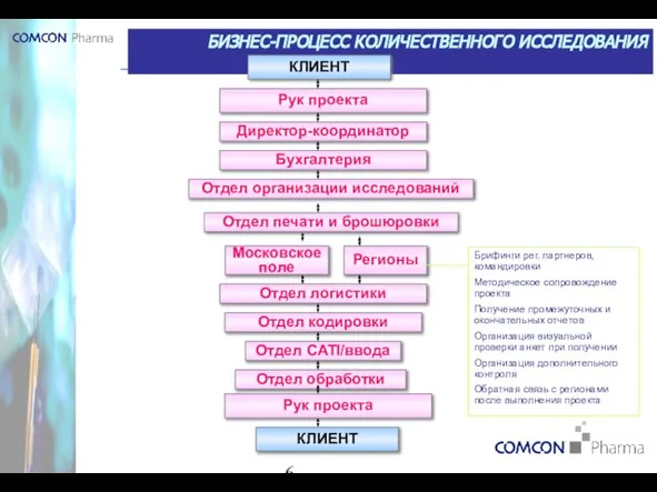 БИЗНЕС-ПРОЦЕСС КОЛИЧЕСТВЕННОГО ИССЛЕДОВАНИЯ КЛИЕНТ Рук проекта Директор-координатор Бухгалтерия Московское поле Отдел логистики