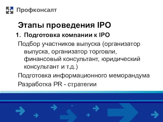 Этапы проведения IPO Подготовка компании к IPO Подбор участников выпуска (организатор выпуска,