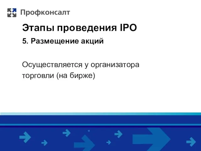 Этапы проведения IPO 5. Размещение акций Осуществляется у организатора торговли (на бирже)