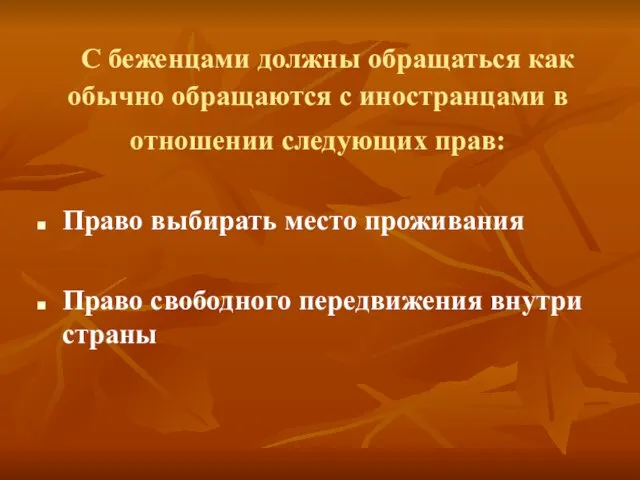 С беженцами должны обращаться как обычно обращаются с иностранцами в отношении следующих