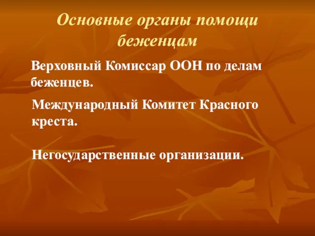 Основные органы помощи беженцам Верховный Комиссар ООН по делам беженцев. Международный Комитет Красного креста. Негосударственные организации.