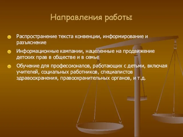 Направления работы Распространение текста конвенции, информирование и разъяснение Информационные кампании, нацеленные на