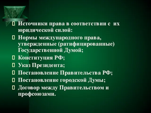 Источники права в соответствии с их юридической силой: Нормы международного права, утвержденные