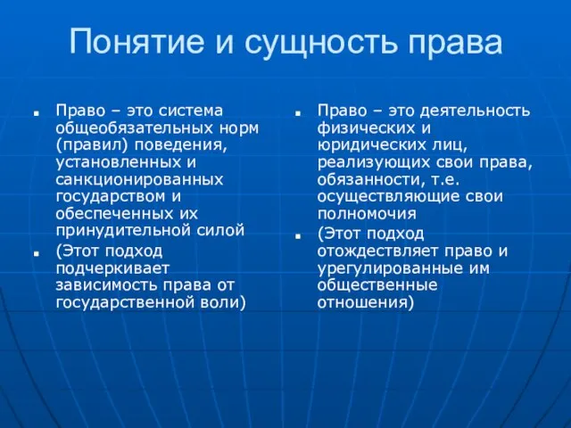 Понятие и сущность права Право – это система общеобязательных норм(правил) поведения, установленных