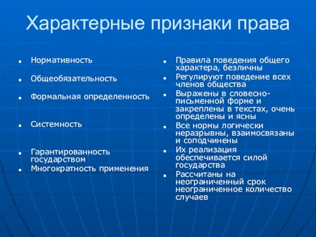 Характерные признаки права Нормативность Общеобязательность Формальная определенность Системность Гарантированность государством Многократность применения