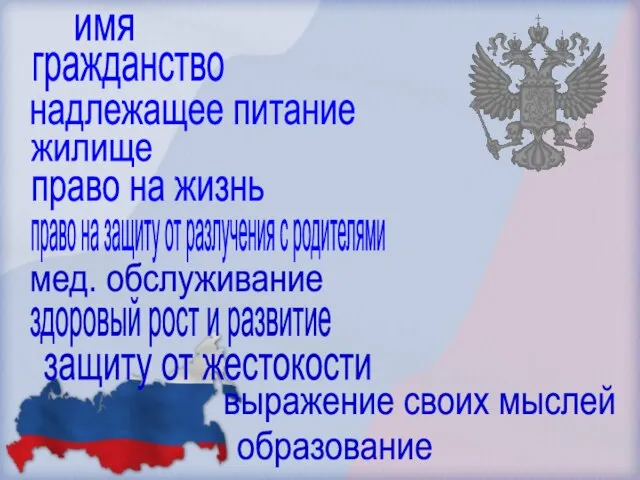 имя гражданство надлежащее питание жилище мед. обслуживание здоровый рост и развитие защиту