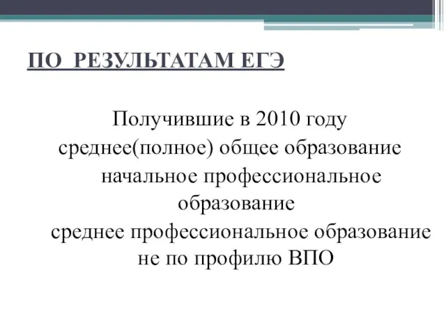 ПО РЕЗУЛЬТАТАМ ЕГЭ Получившие в 2010 году среднее(полное) общее образование начальное профессиональное