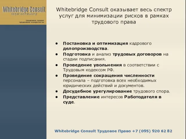 Whitebridge Consult оказывает весь спектр услуг для минимизации рисков в рамках трудового