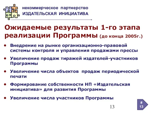 некоммерческое партнерство ИЗДАТЕЛЬСКАЯ ИНИЦИАТИВА # Ожидаемые результаты 1-го этапа реализации Программы (до