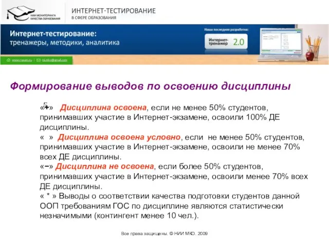 Все права защищены. © НИИ МКО. 2009 Формирование выводов по освоению дисциплины