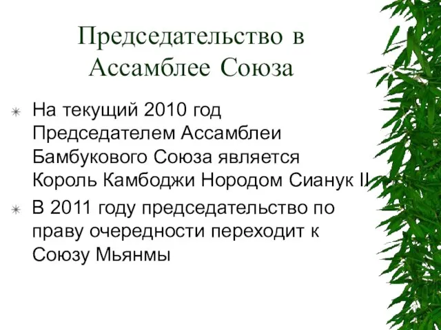 Председательство в Ассамблее Союза На текущий 2010 год Председателем Ассамблеи Бамбукового Союза