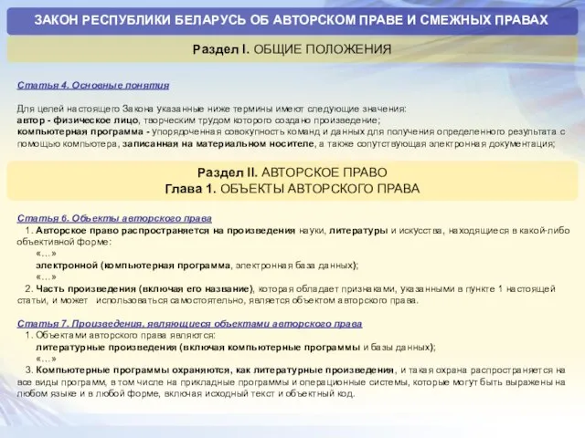 ЗАКОН РЕСПУБЛИКИ БЕЛАРУСЬ ОБ АВТОРСКОМ ПРАВЕ И СМЕЖНЫХ ПРАВАХ Раздел I. ОБЩИЕ