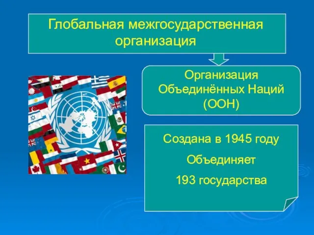 Глобальная межгосударственная организация Организация Объединённых Наций (ООН) Создана в 1945 году Объединяет 193 государства