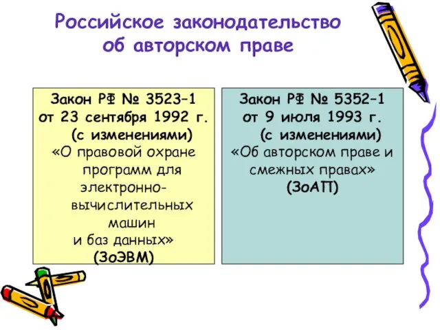 Российское законодательство об авторском праве Закон РФ № 5352–1 от 9 июля