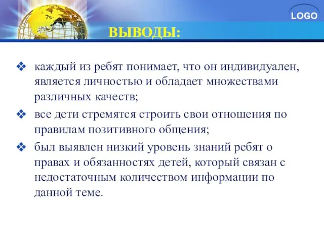 ВЫВОДЫ: каждый из ребят понимает, что он индивидуален, является личностью и обладает