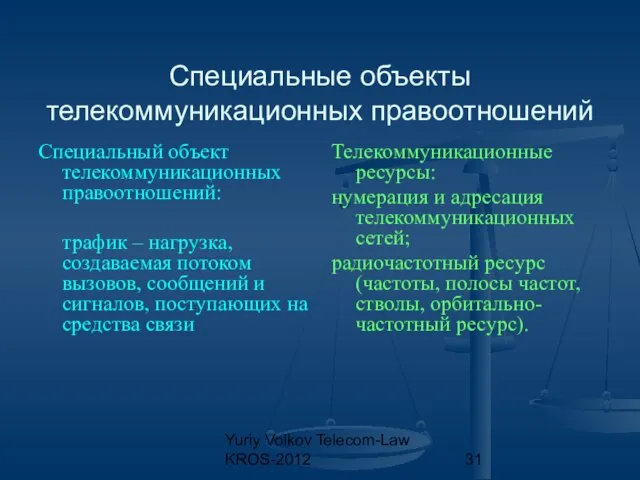 Yuriy Volkov Telecom-Law KROS-2012 Специальные объекты телекоммуникационных правоотношений Специальный объект телекоммуникационных правоотношений: