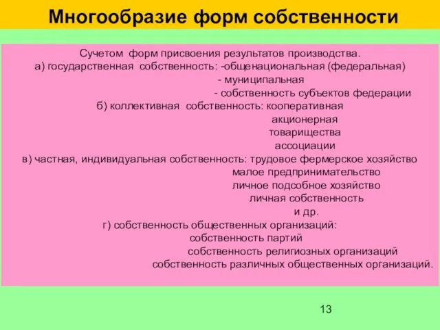 Многообразие форм собственности Сучетом форм присвоения результатов производства. а) государственная собственность: -общенациональная