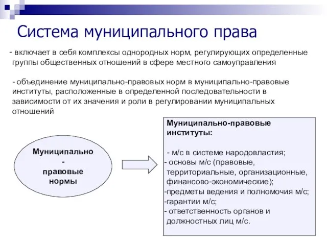 Система муниципального права Муниципально- правовые нормы Муниципально-правовые институты: - м/с в системе