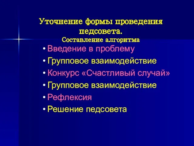 Уточнение формы проведения педсовета. Составление алгоритма Введение в проблему Групповое взаимодействие Конкурс