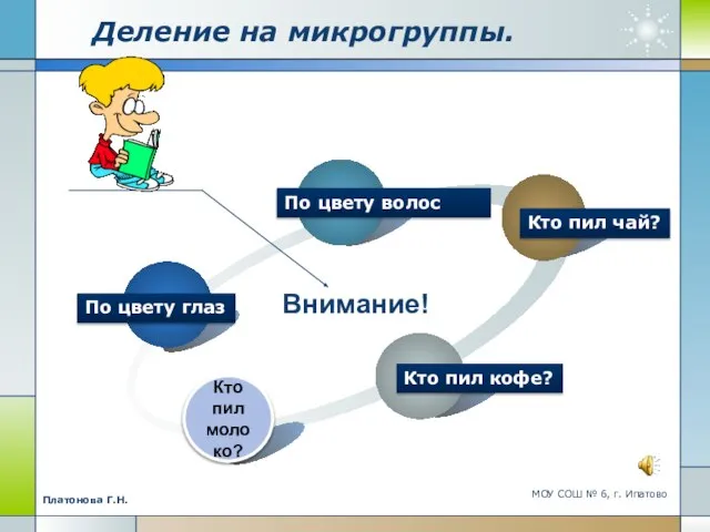 МОУ СОШ № 6, г. Ипатово Платонова Г.Н. Деление на микрогруппы.