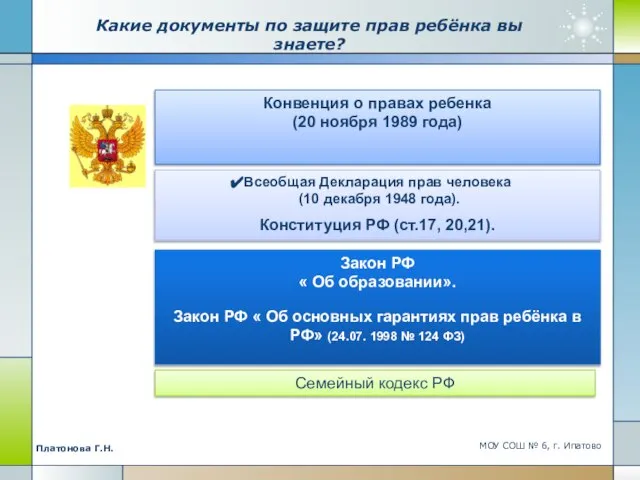 МОУ СОШ № 6, г. Ипатово Платонова Г.Н. Какие документы по защите